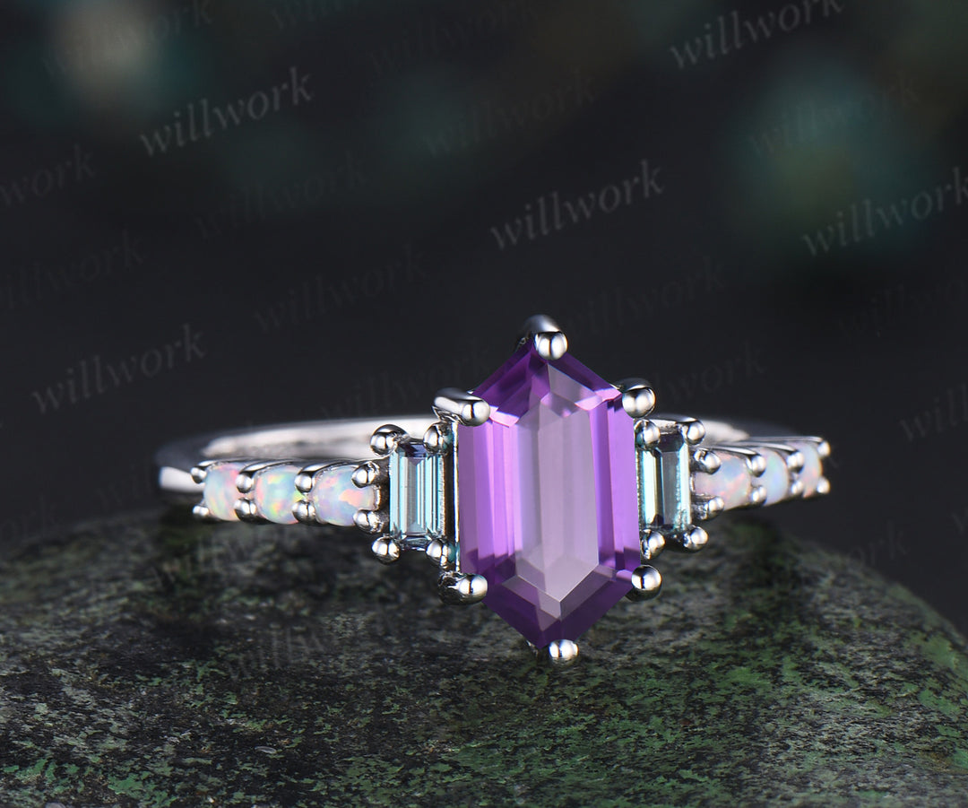 Unique Long hexagon cut amethyst engagement ring cluster baguette alexandrite opal wedding ring art deco proposal gifts