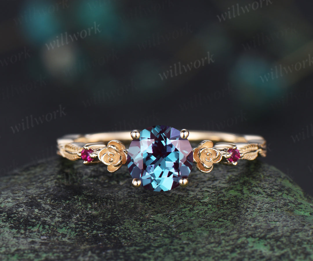 1ct round cut alexandrite ring vintage floral leaf engagement ring yellow gold ruby unique promise ring her