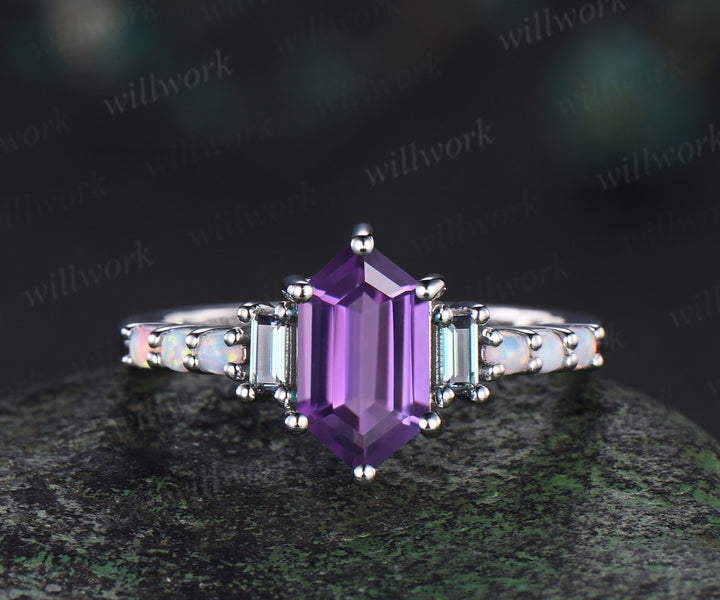 Unique Long hexagon cut amethyst engagement ring cluster baguette alexandrite opal wedding ring art deco proposal gifts