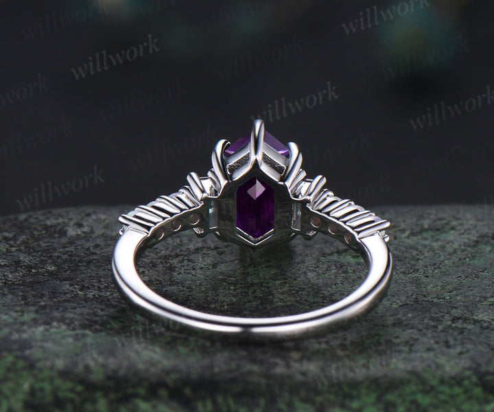 Unique Long hexagon cut amethyst engagement ring cluster baguette alexandrite opal wedding ring art deco proposal gifts