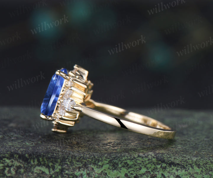 Fantasy Cut Sapphire Engagement Ring Emerald Shape Blue Sapphire Moissanite Cluster Ring September Birthstone Gifts