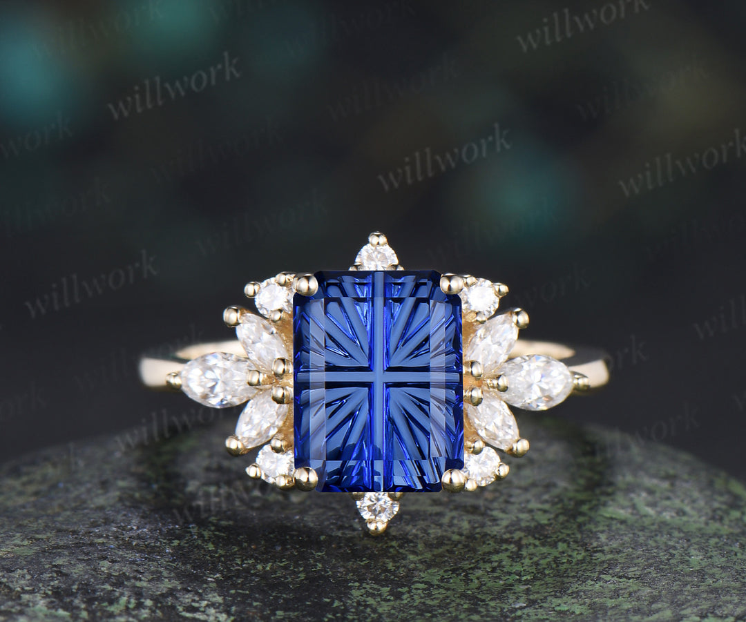 Fantasy Cut Sapphire Engagement Ring Emerald Shape Blue Sapphire Moissanite Cluster Ring September Birthstone Gifts