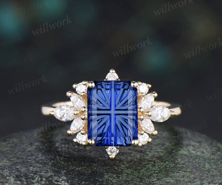 Fantasy Cut Sapphire Engagement Ring Emerald Shape Blue Sapphire Moissanite Cluster Ring September Birthstone Gifts