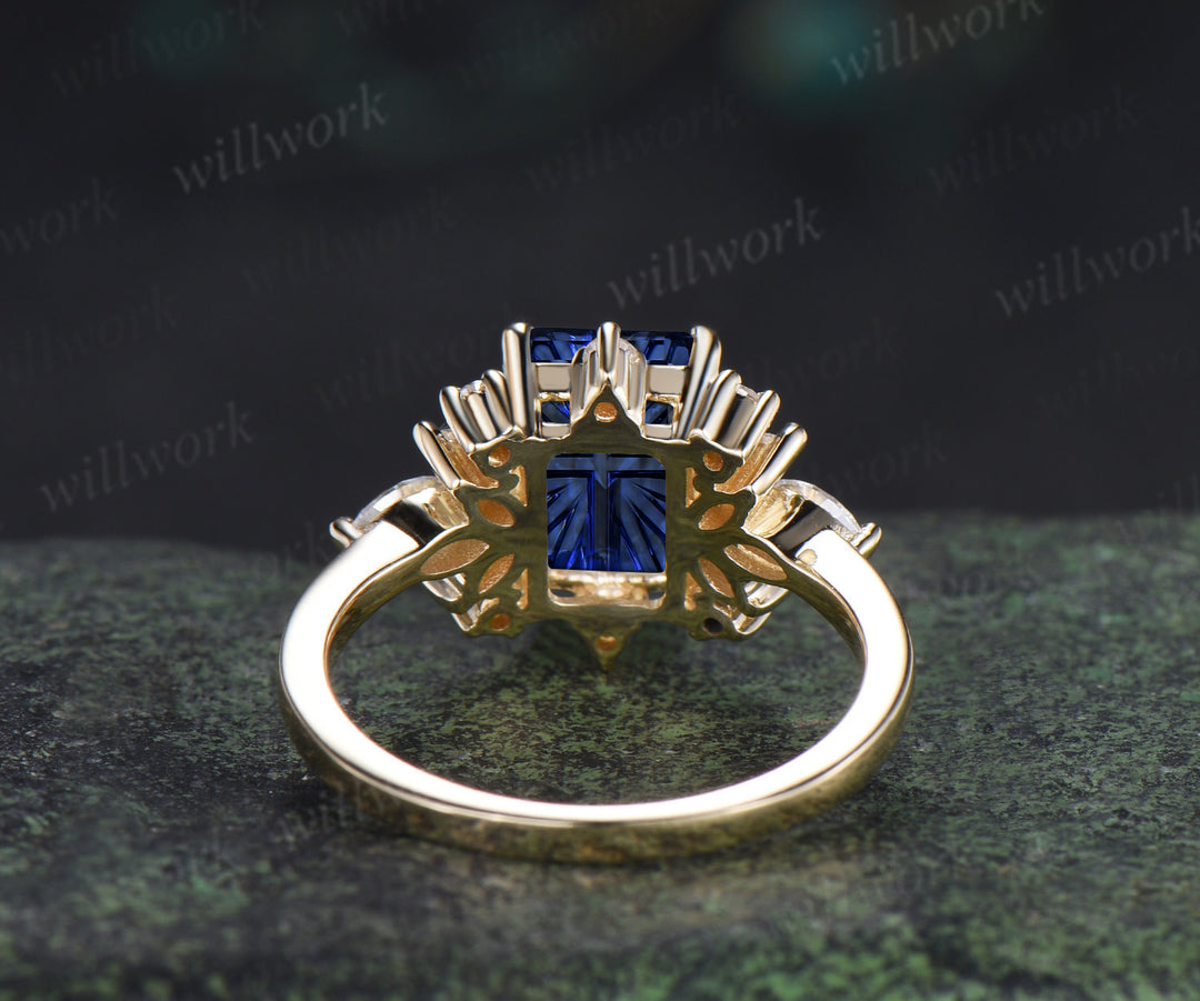 Fantasy Cut Sapphire Engagement Ring Emerald Shape Blue Sapphire Moissanite Cluster Ring September Birthstone Gifts