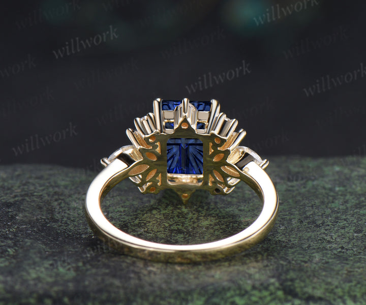 Fantasy Cut Sapphire Engagement Ring Emerald Shape Blue Sapphire Moissanite Cluster Ring September Birthstone Gifts