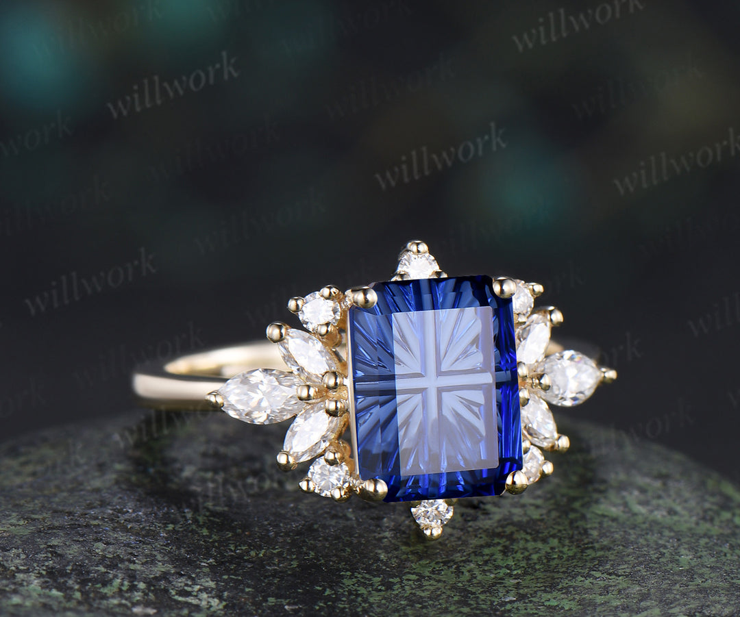 Fantasy Cut Sapphire Engagement Ring Emerald Shape Blue Sapphire Moissanite Cluster Ring September Birthstone Gifts