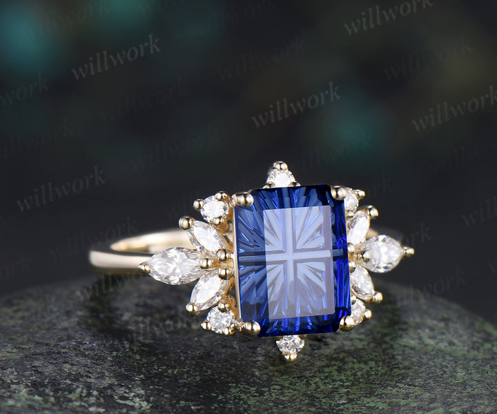 Fantasy Cut Sapphire Engagement Ring Emerald Shape Blue Sapphire Moissanite Cluster Ring September Birthstone Gifts