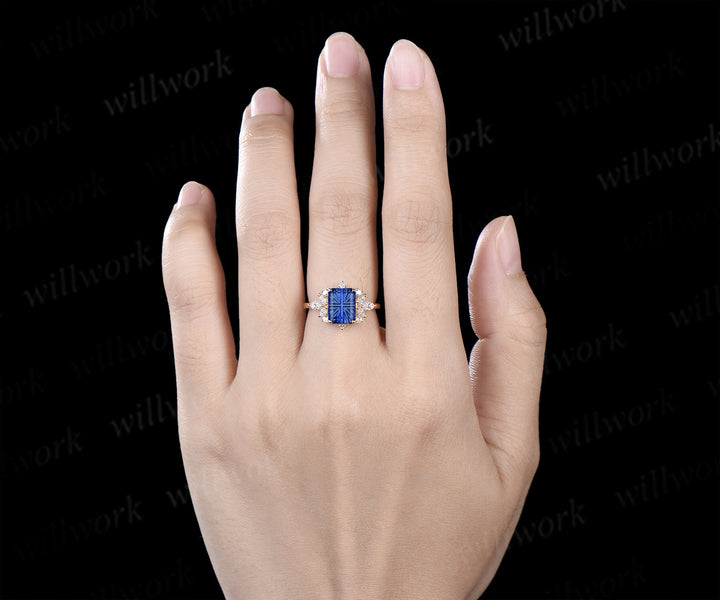 Fantasy Cut Sapphire Engagement Ring Emerald Shape Blue Sapphire Moissanite Cluster Ring September Birthstone Gifts