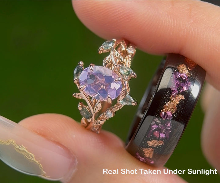Oval Lavender Amethsyt Twig Moss Agate Leaf Bridal Set & Tungsten Amethyst Men Wedding Band Unique Couple Ring Set