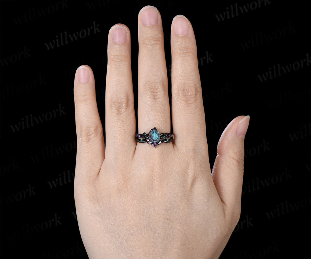 Pear Fantasy Cut Alexandrite Ring Set Leaf Twig Amethyst Emerald Ring Curved Alexandrite Wedding Band Unique Bridal Set