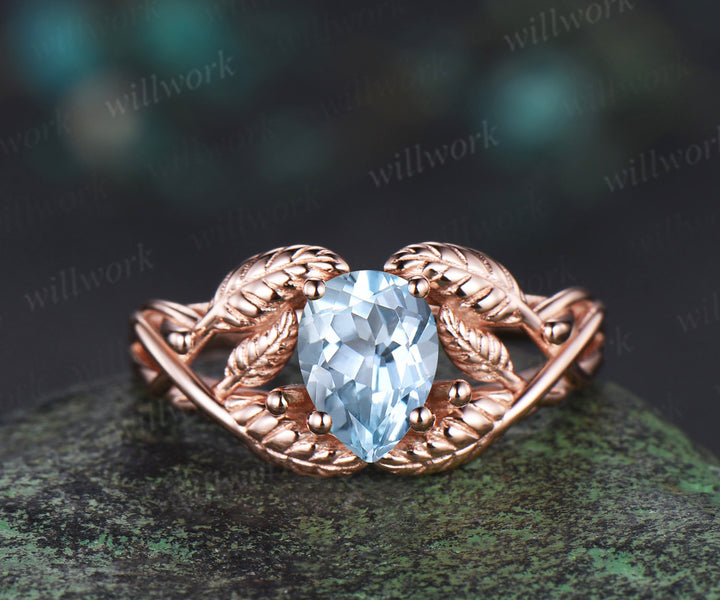 Pear cut aquamarine wedding ring rose gold branch leaf Solitaire infinity engagement ring women Teardrop anniversary gift