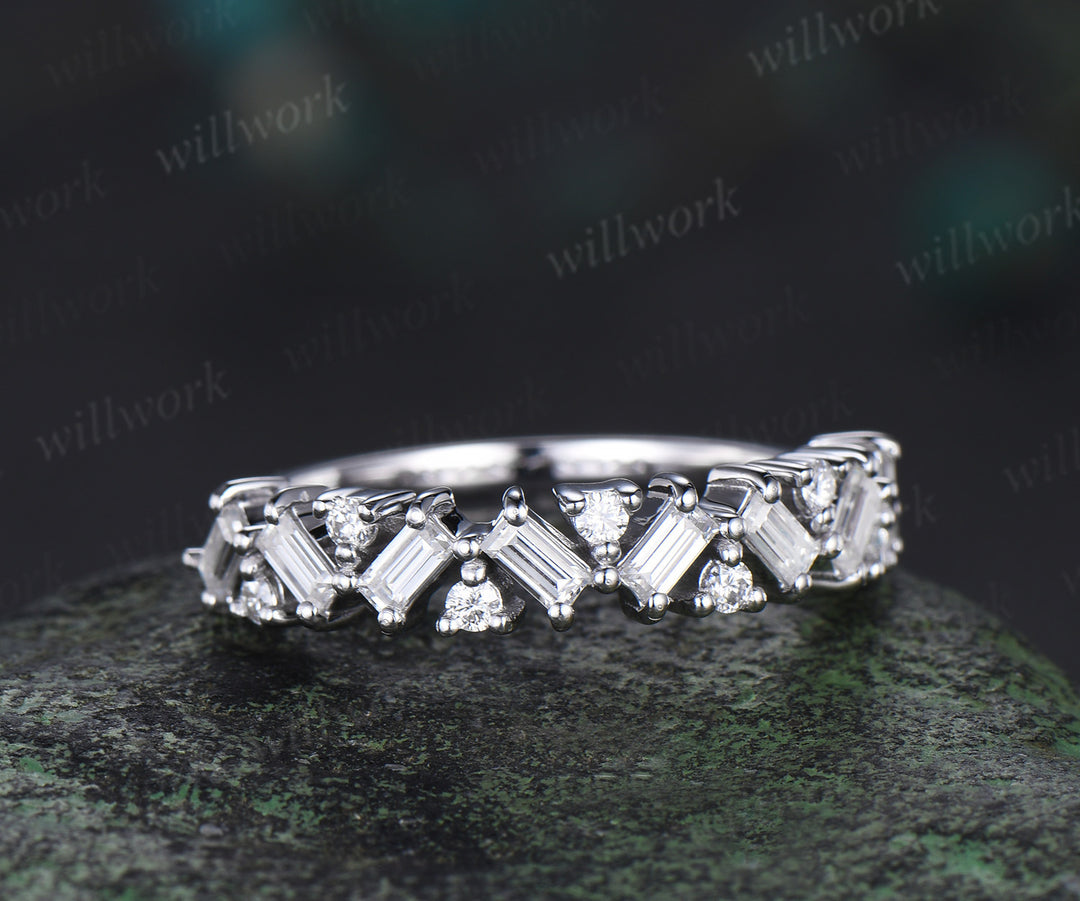 Cluster Baguette cut moissanite wedding band solid 14k white gold half eternity Unique Stackable Matching Band For Women