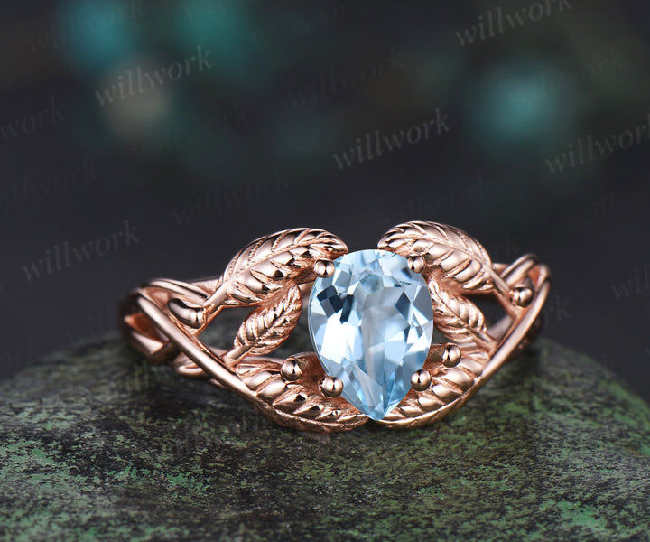 Pear cut aquamarine wedding ring rose gold branch leaf Solitaire infinity engagement ring women Teardrop anniversary gift