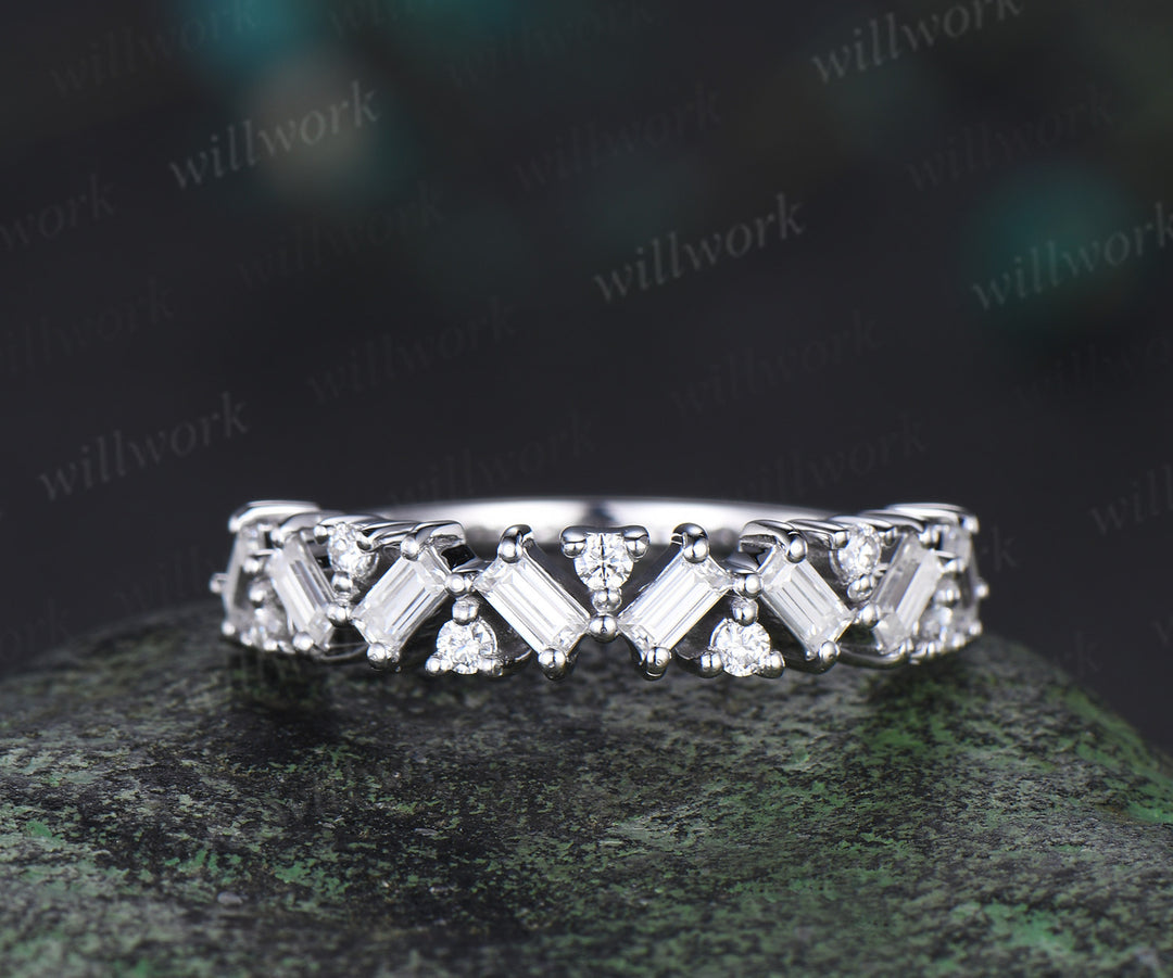 Cluster Baguette cut moissanite wedding band solid 14k white gold half eternity Unique Stackable Matching Band For Women