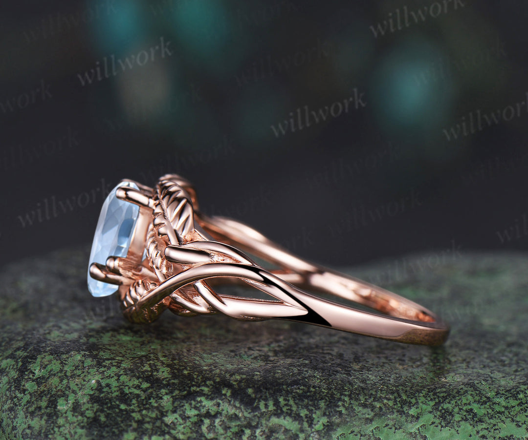 Pear cut aquamarine wedding ring rose gold branch leaf Solitaire infinity engagement ring women Teardrop anniversary gift