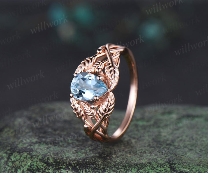 Pear cut aquamarine wedding ring rose gold branch leaf Solitaire infinity engagement ring women Teardrop anniversary gift