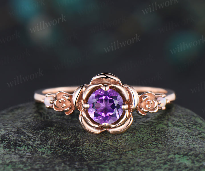 Round cut purple amethyst engagement ring 14k rose gold flower floral three stone opal ring vintage wedding ring women jewelry