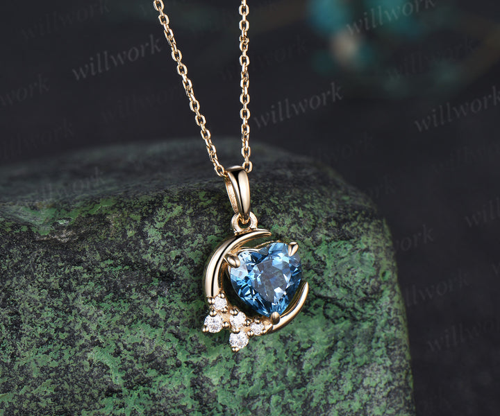 Vintage heart shaped London blue topaz necklace14k yellow gold cluster moon snowdrift diamond pendant women anniversary gift