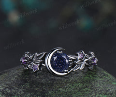 Nature Inspired Black Gold Round Blue Sandstone Engagement Ring Moon Star Leaf Vine Promise Ring