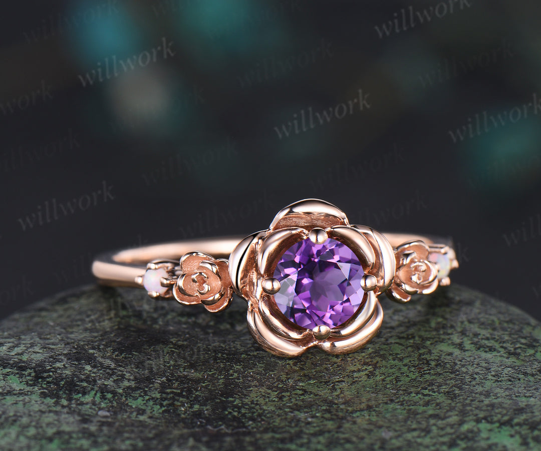 Round cut purple amethyst engagement ring 14k rose gold flower floral three stone opal ring vintage wedding ring women jewelry