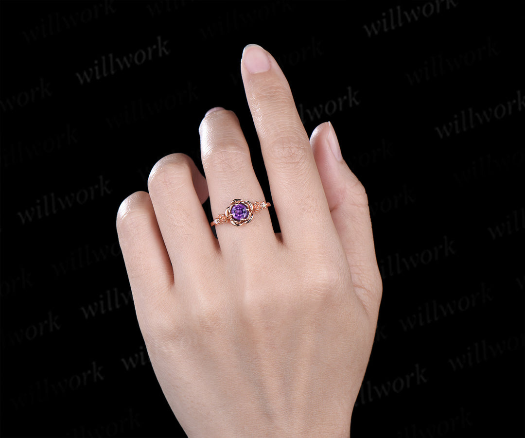 Round cut purple amethyst engagement ring 14k rose gold flower floral three stone opal ring vintage wedding ring women jewelry