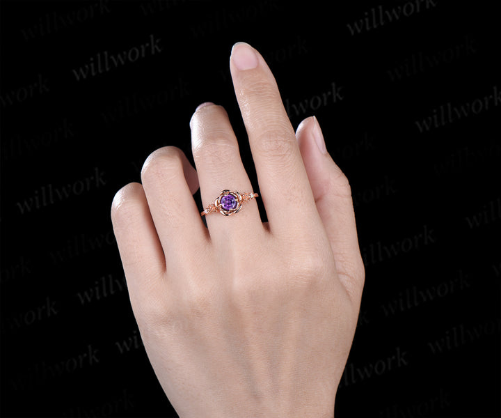 Round cut purple amethyst engagement ring 14k rose gold flower floral three stone opal ring vintage wedding ring women jewelry