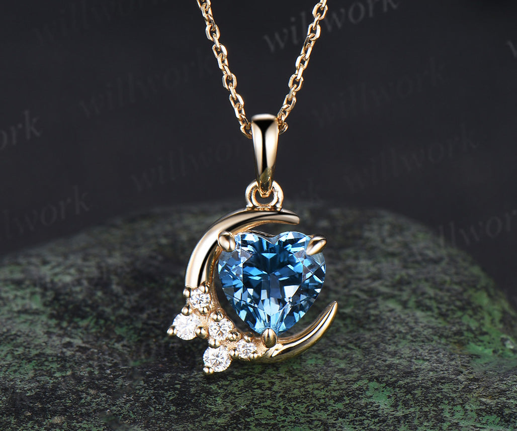 Vintage heart shaped London blue topaz necklace14k yellow