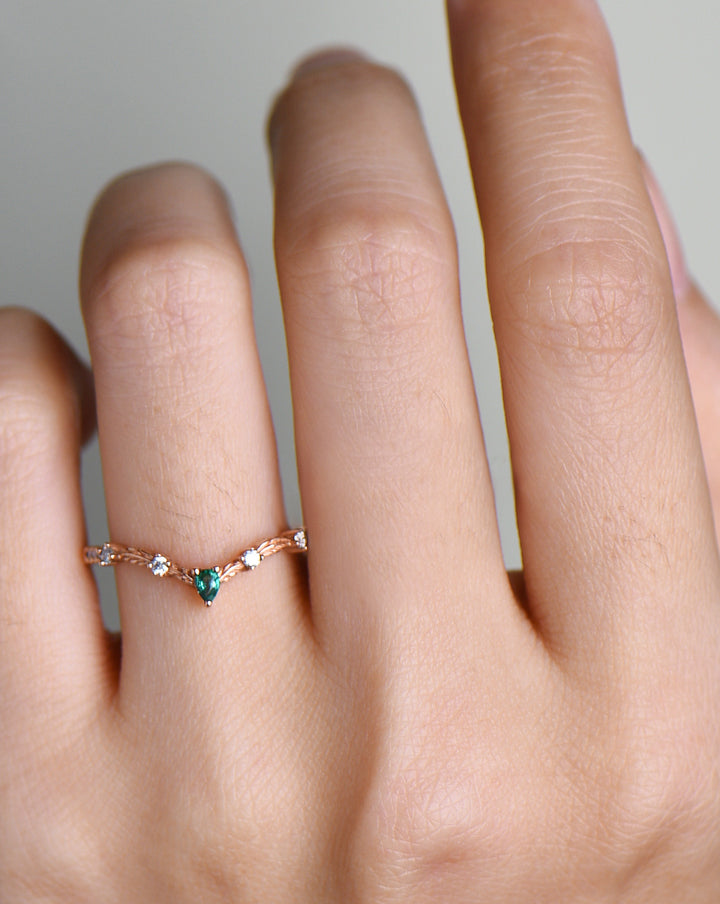 Unique emerald wedding band Vintage Curved V Shaped 14k rose gold emerald ring vintage norse leaf nature ring jewelry dainty wedding bridal anniversary ring band women