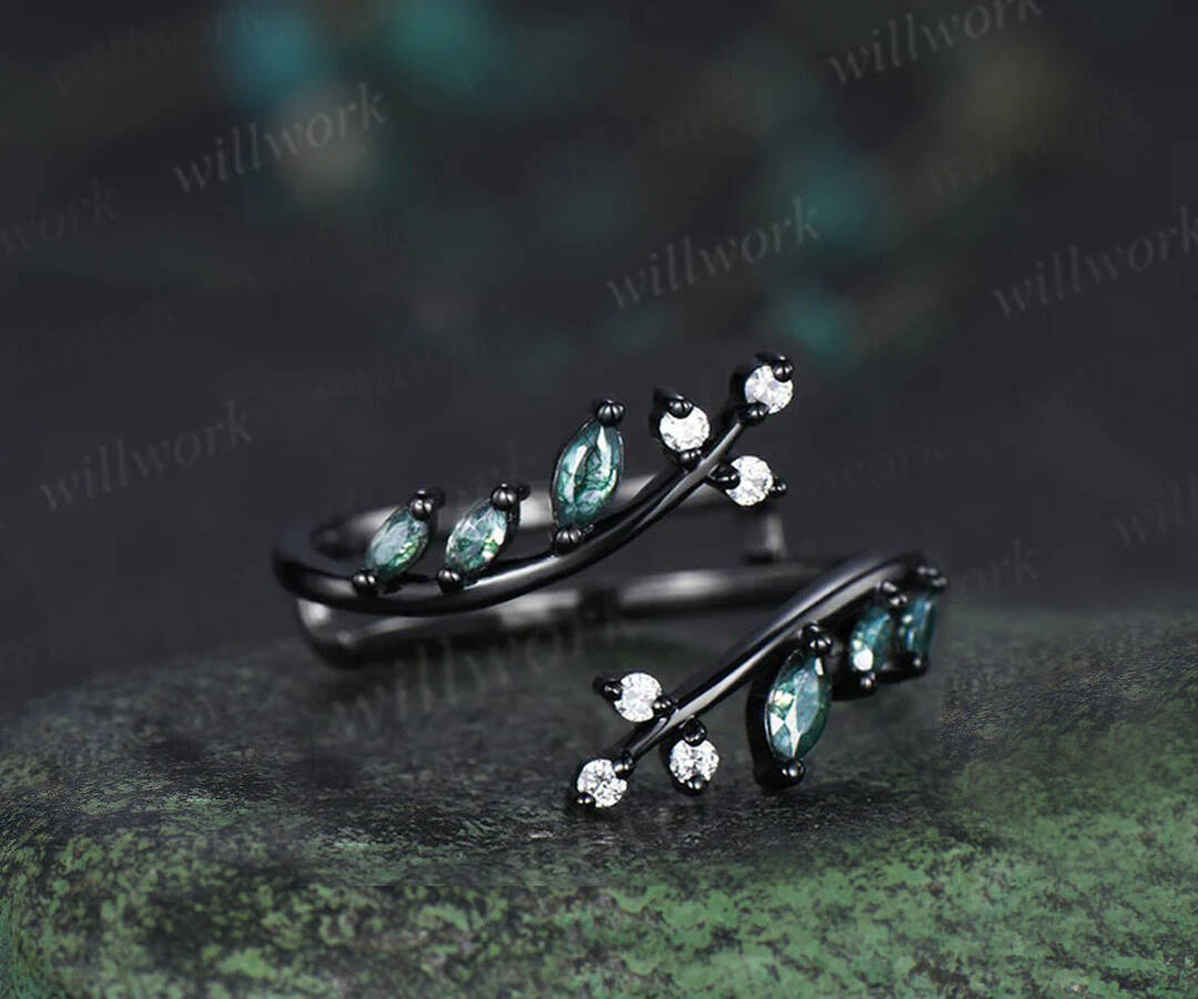 Black gold kite cut moss agate leaf engagement ring set twig marquise moss agate enhancer wraps nature inspired bridal set gifts for her