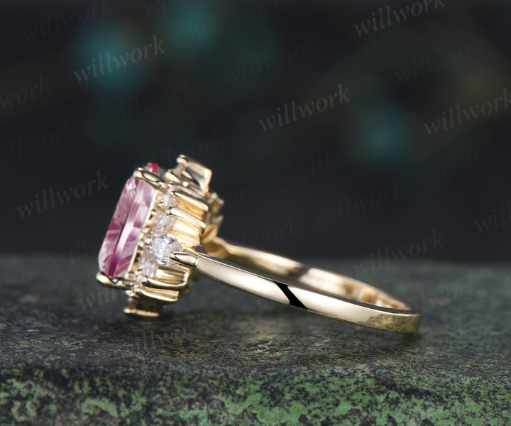 Emerald Shape Fantasy Cut Padparadscha Engagement Ring Pink Sapphire Moissanite Cluster Ring Unique Promise Ring Anniversary Gifts