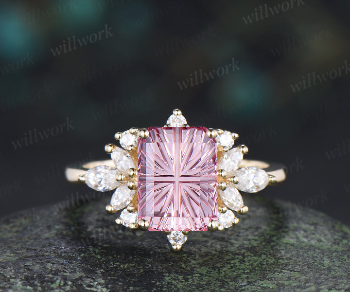 Emerald Shape Fantasy Cut Padparadscha Engagement Ring Pink Sapphire Moissanite Cluster Ring Unique Promise Ring Anniversary Gifts