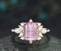Emerald Shape Fantasy Cut Padparadscha Engagement Ring Pink Sapphire Moissanite Cluster Ring Unique Promise Ring Anniversary Gifts