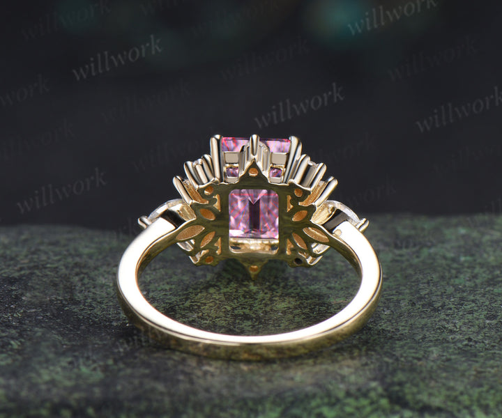 Emerald Shape Fantasy Cut Padparadscha Engagement Ring Pink Sapphire Moissanite Cluster Ring Unique Promise Ring Anniversary Gifts