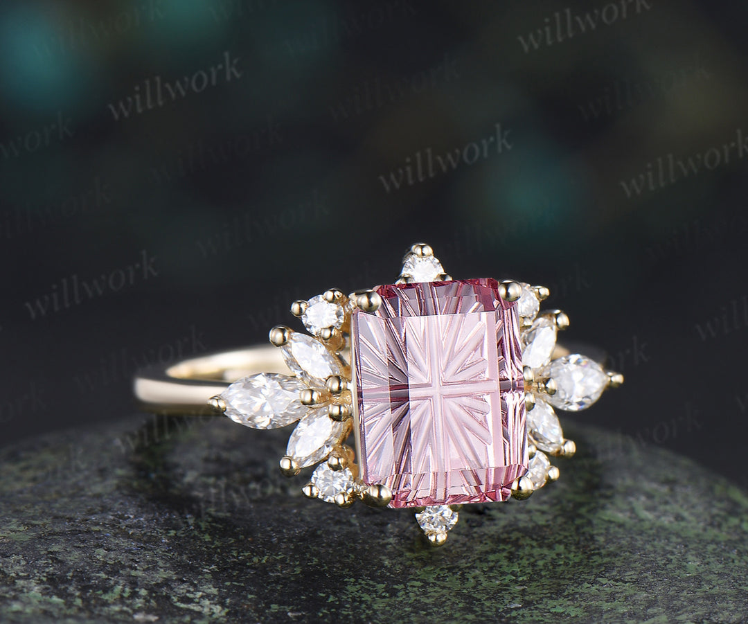 Emerald Shape Fantasy Cut Padparadscha Engagement Ring Pink Sapphire Moissanite Cluster Ring Unique Promise Ring Anniversary Gifts