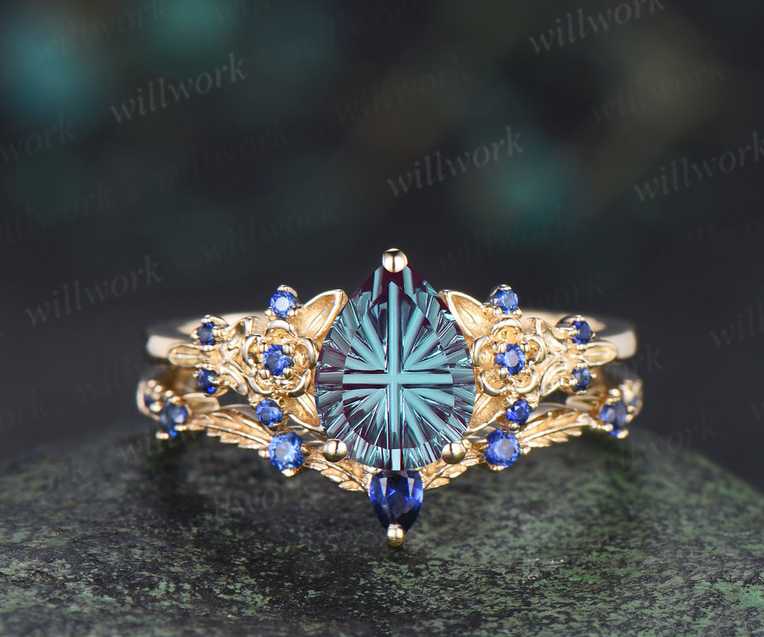 Pear Fantasy Cut Alexandrite Engagement Ring Set Leaf Floral Sapphire Promise Stacking Wedding Ring Nature Inspired Bridal Set