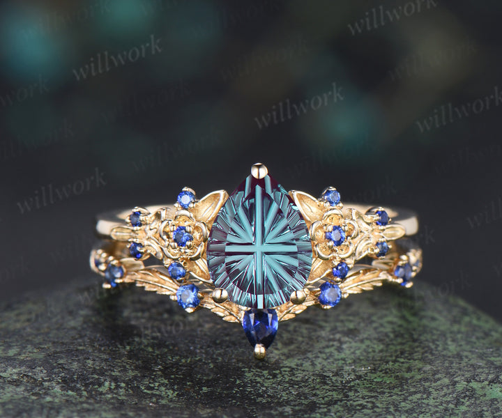 Pear Fantasy Cut Alexandrite Engagement Ring Set Leaf Floral Sapphire Promise Stacking Wedding Ring Nature Inspired Bridal Set