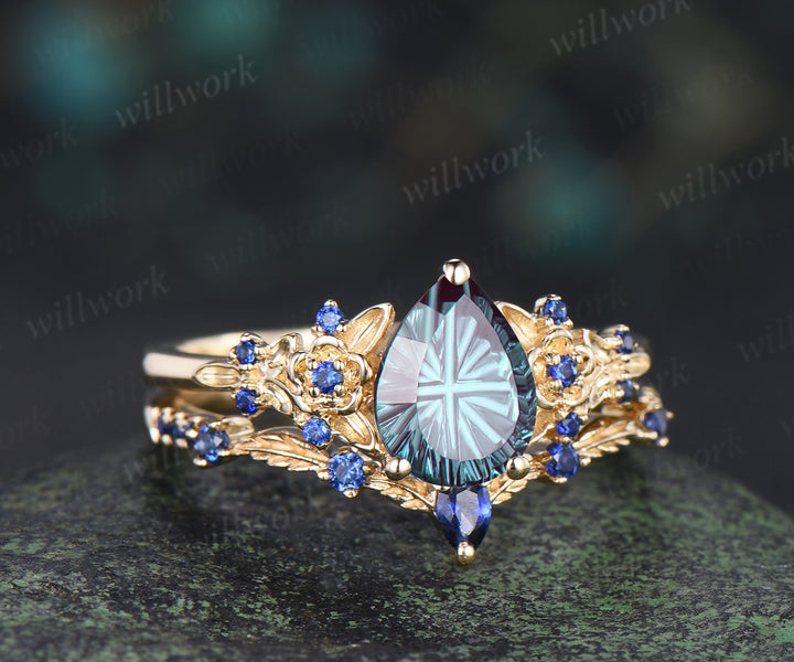 Pear Fantasy Cut Alexandrite Engagement Ring Set Leaf Floral Sapphire Promise Stacking Wedding Ring Nature Inspired Bridal Set