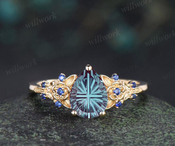 Pear Fantasy Cut Alexandrite Engagement Ring Set Leaf Floral Sapphire Promise Stacking Wedding Ring Nature Inspired Bridal Set