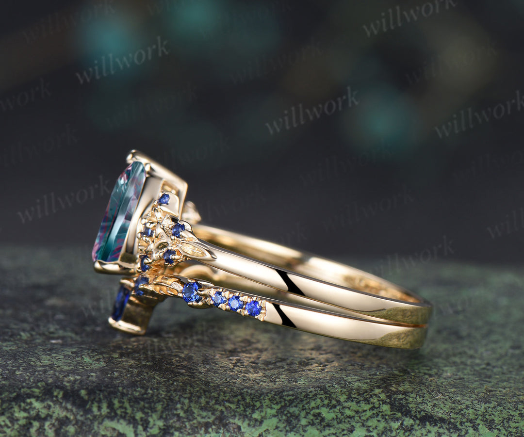 Pear Fantasy Cut Alexandrite Engagement Ring Set Leaf Floral Sapphire Promise Stacking Wedding Ring Nature Inspired Bridal Set