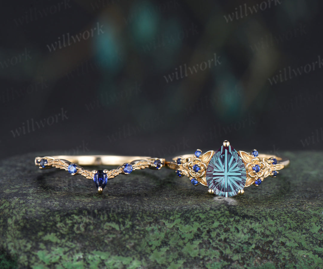 Pear Fantasy Cut Alexandrite Engagement Ring Set Leaf Floral Sapphire Promise Stacking Wedding Ring Nature Inspired Bridal Set