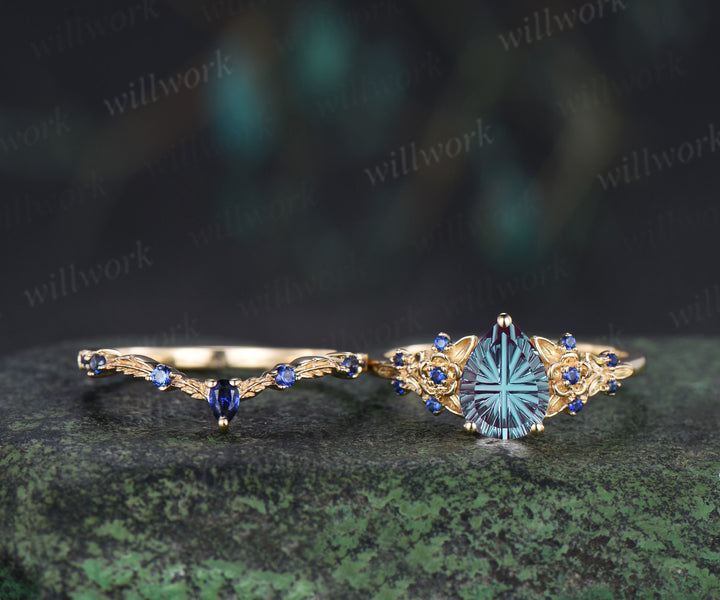 Pear Fantasy Cut Alexandrite Engagement Ring Set Leaf Floral Sapphire Promise Stacking Wedding Ring Nature Inspired Bridal Set