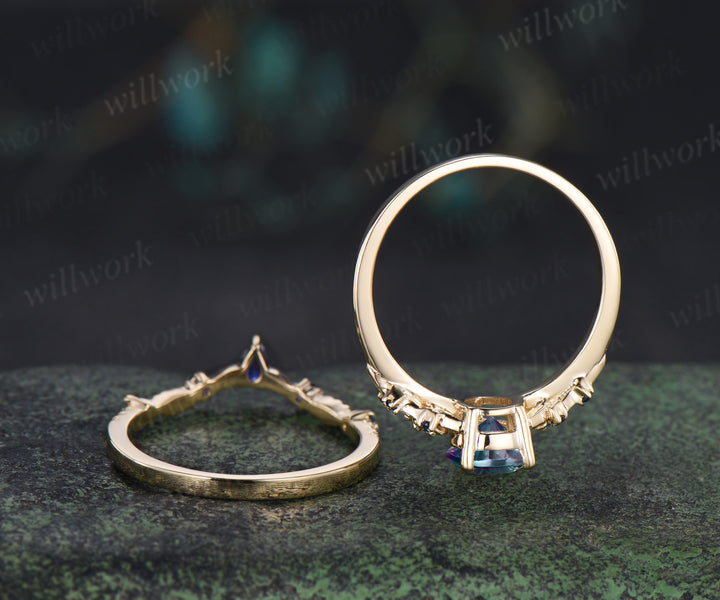Pear Fantasy Cut Alexandrite Engagement Ring Set Leaf Floral Sapphire Promise Stacking Wedding Ring Nature Inspired Bridal Set