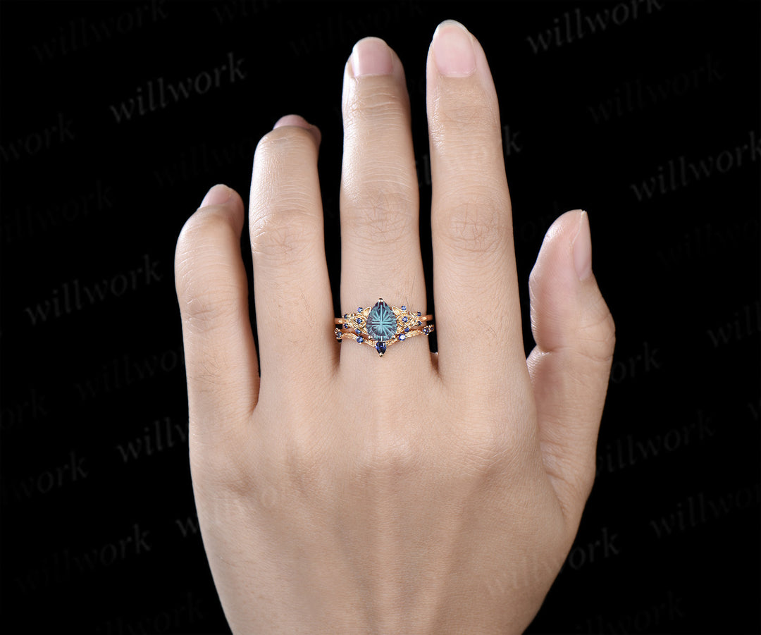 Pear Fantasy Cut Alexandrite Engagement Ring Set Leaf Floral Sapphire Promise Stacking Wedding Ring Nature Inspired Bridal Set