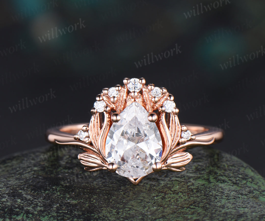 Leaf kite cut moissanite ring vintage 14k rose gold nature inspired engagement ring women diamond unique promise bridal ring set