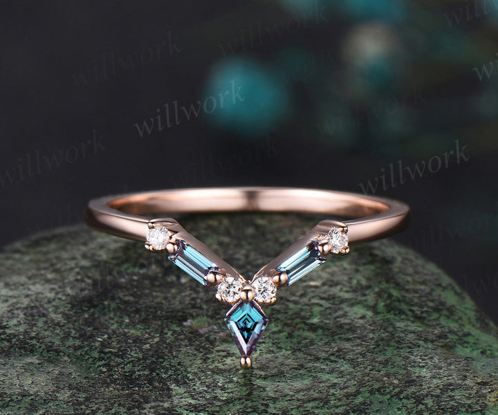 Kite Baguette cut alexandrite wedding band solid 14k rose gold stacking matching diamond band women anniversary gift