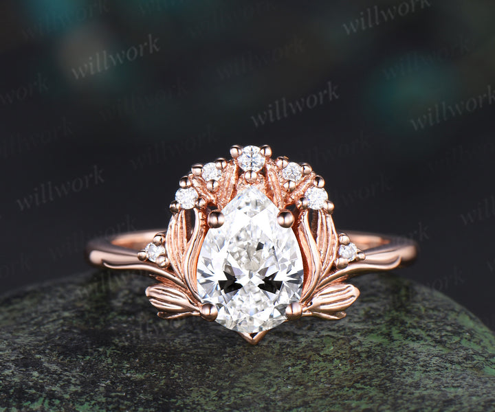 Pear Lab grown diamond engagement ring set 14k 18k rose gold vintage leaf nature inspired bridal set women