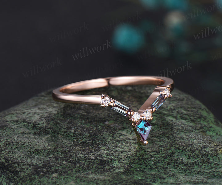 Kite Baguette cut alexandrite wedding band solid 14k rose gold stacking matching diamond band women anniversary gift