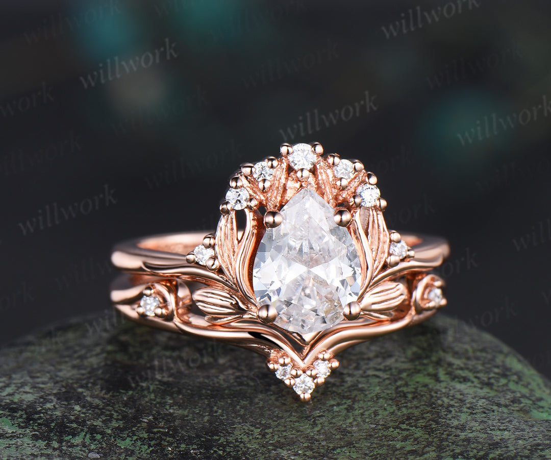 Leaf kite cut moissanite ring vintage 14k rose gold nature inspired engagement ring women diamond unique promise bridal ring set