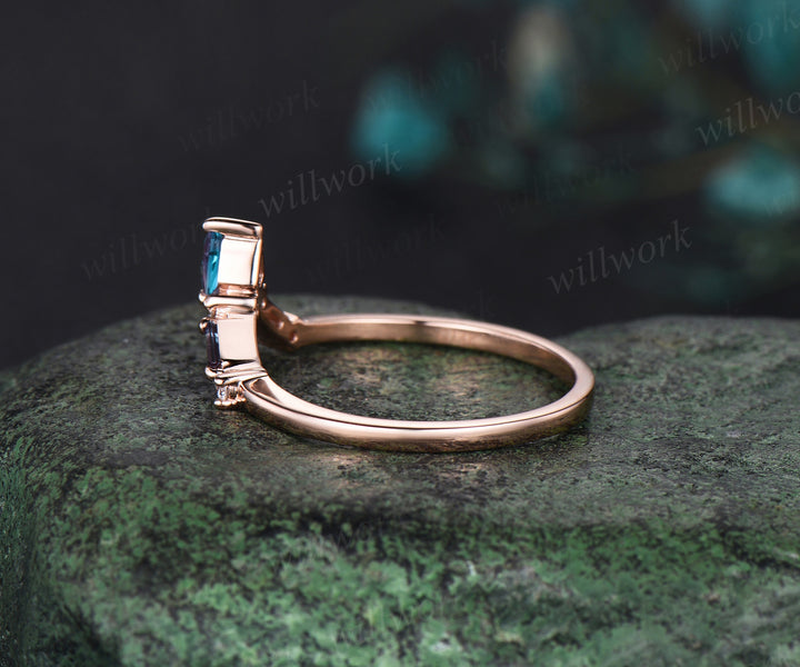 Kite Baguette cut alexandrite wedding band solid 14k rose gold stacking matching diamond band women anniversary gift