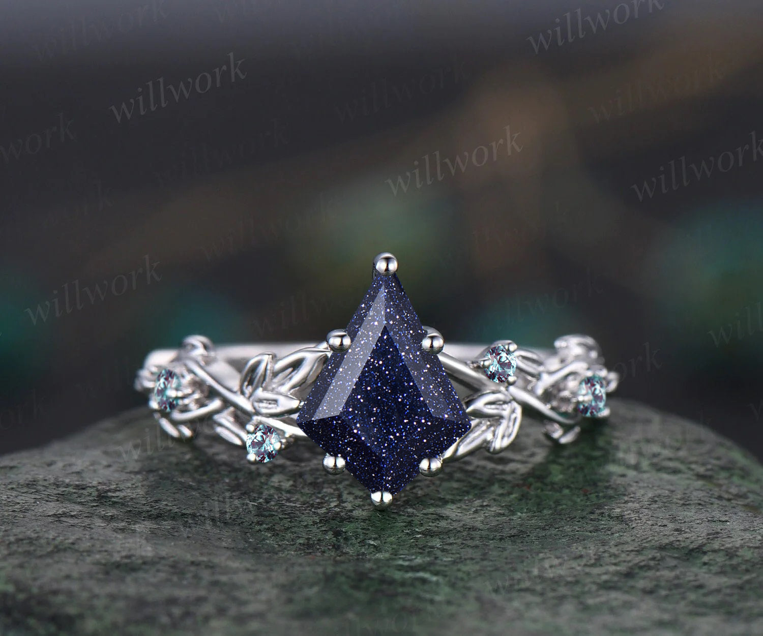 Galaxy Kite Cut Blue Sandstone Engagement Ring Unique June